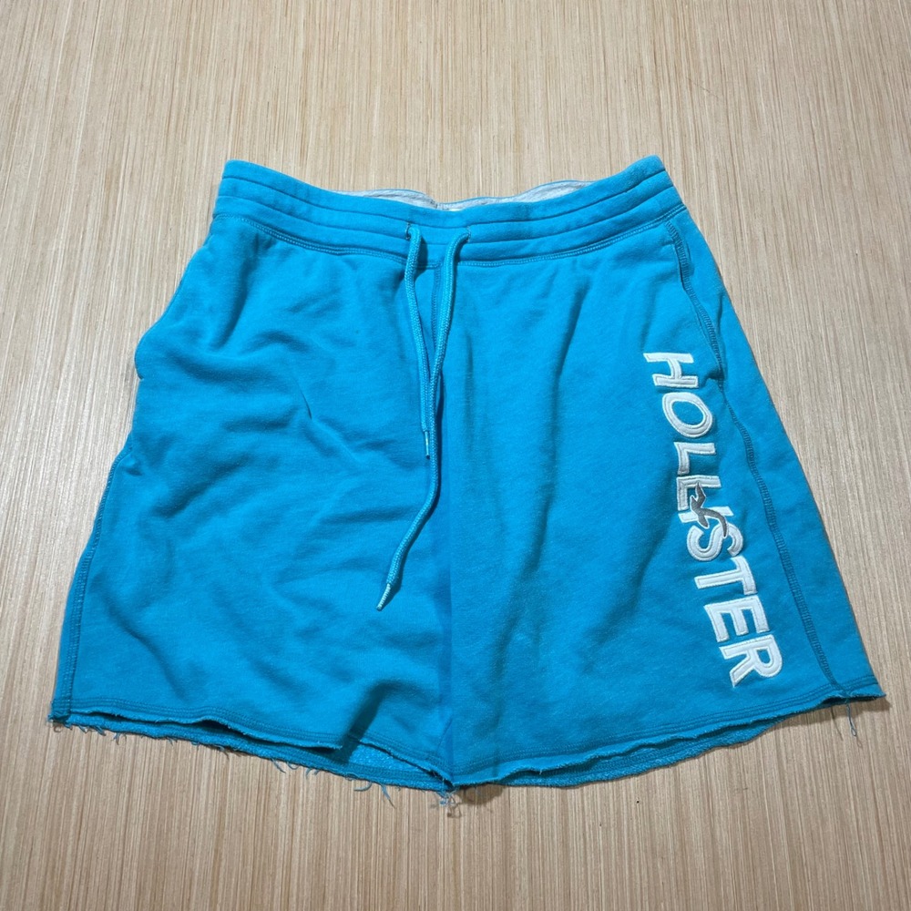 Hollister Sweat Shorts Womens Small Turquoise Blue Embroidered Logo Raw Hem